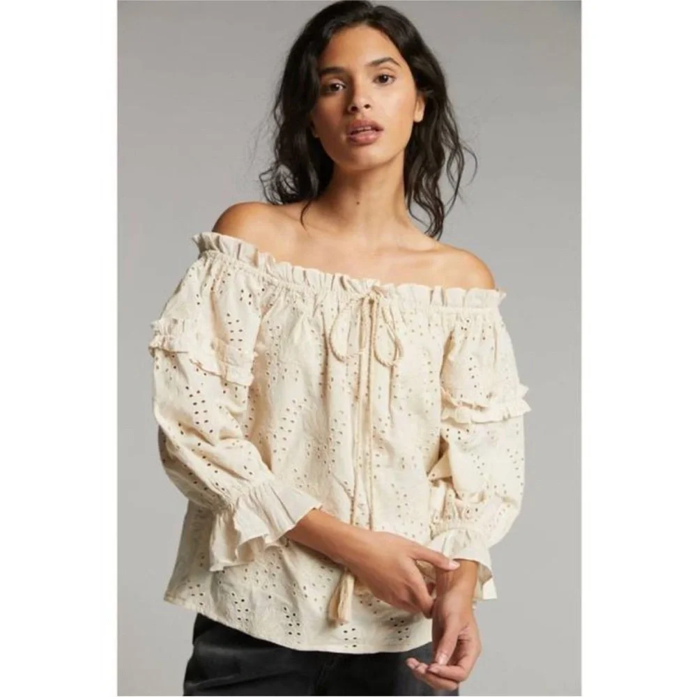 Anthropologie Seen Worn Kept Flora Eyelet Lace Off Shoulder Cream Blouse